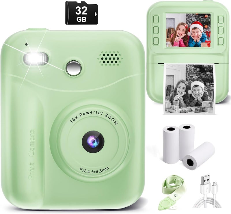 MINIBEAR Kids Camera Instant Print, Instant Print Camera for Kids Digital Camera Toddler Toys Christmas Birthday Gifts for 3 4 5 6 7 8 9 10 Year Old Boys Girls Video Camera with Print Paper, Green - Image 1